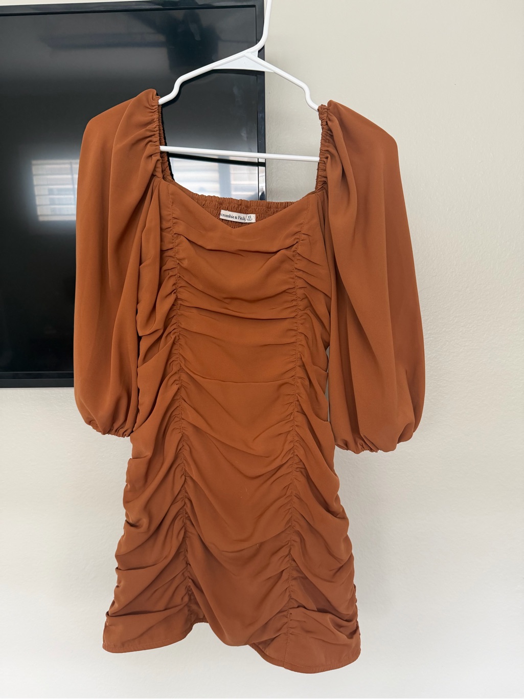 Abercrombie & Fitch Rust Orange Ruched Puff-Sleeve Mini Dress